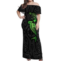 Polynesian Off Shoulder Maxi Dress Hammerhead Shark Tribal Pattern Black Green Version - Wonder Print Shop