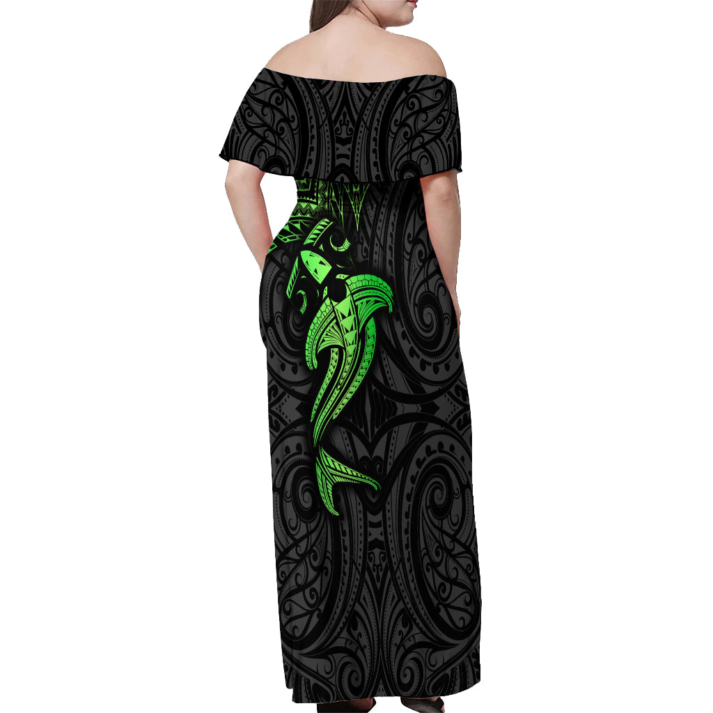 Polynesian Off Shoulder Maxi Dress Hammerhead Shark Tribal Pattern Black Green Version - Wonder Print Shop