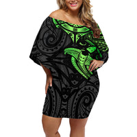 Polynesian Off Shoulder Short Dress Hammerhead Shark Tribal Pattern Black Green Version - Wonder Print Shop