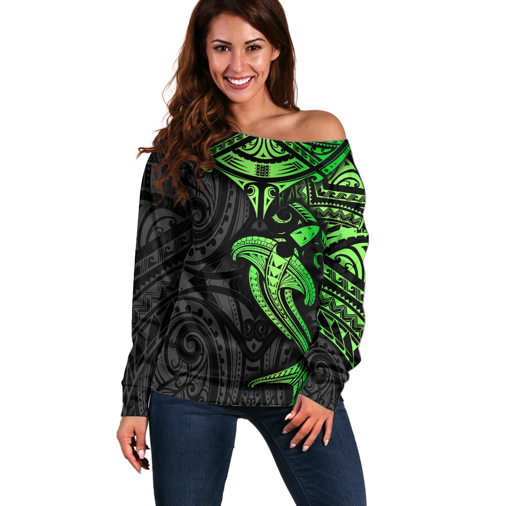 Polynesian Off Shoulder Sweater Hammerhead Shark Tribal Pattern Black Green Version - Wonder Print Shop