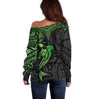 Polynesian Off Shoulder Sweater Hammerhead Shark Tribal Pattern Black Green Version - Wonder Print Shop