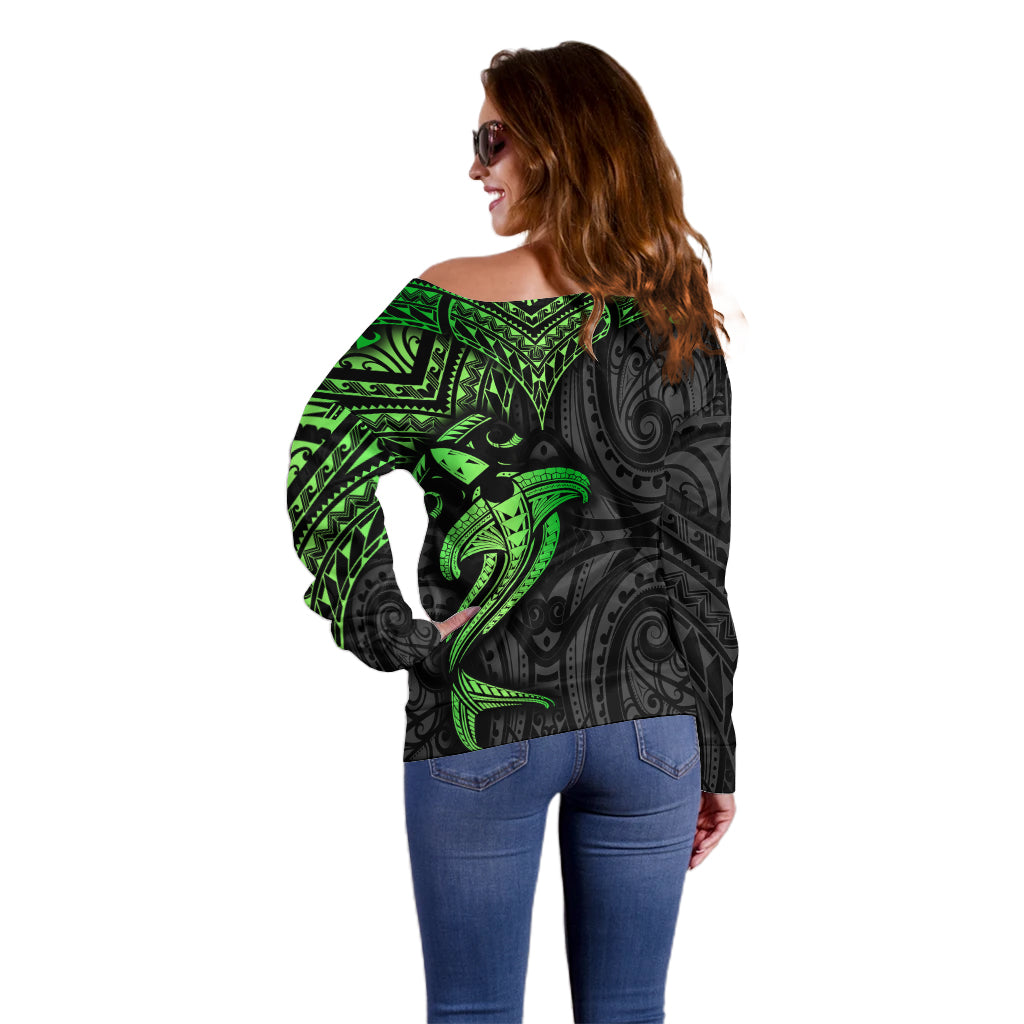 Polynesian Off Shoulder Sweater Hammerhead Shark Tribal Pattern Black Green Version - Wonder Print Shop