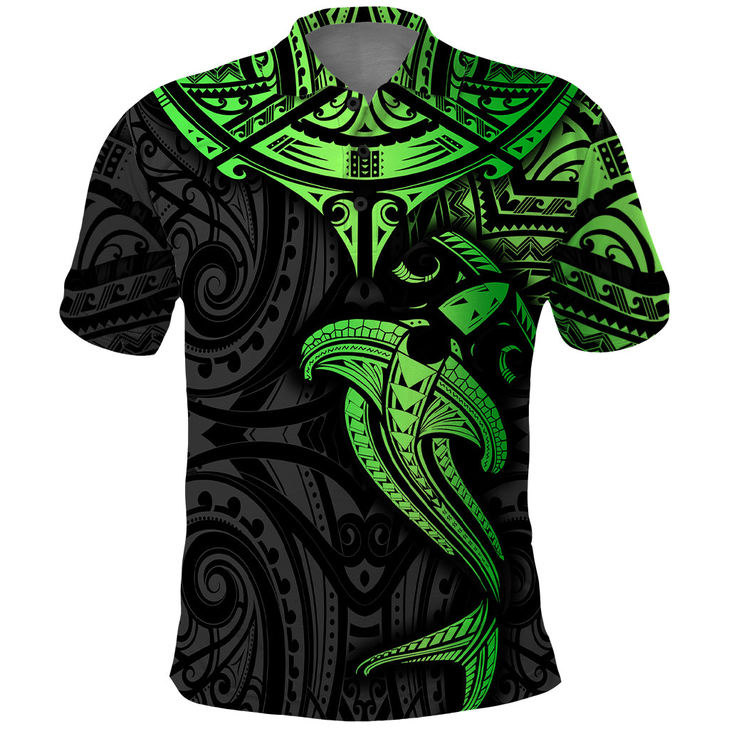 Polynesian Polo Shirt Hammerhead Shark Tribal Pattern Black Green Version - Wonder Print Shop