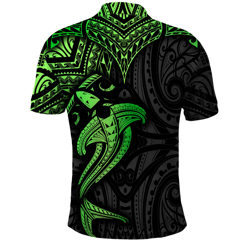 Polynesian Polo Shirt Hammerhead Shark Tribal Pattern Black Green Version - Wonder Print Shop