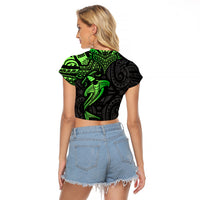 Polynesian Raglan Cropped T Shirt Hammerhead Shark Tribal Pattern Black Green Version - Wonder Print Shop