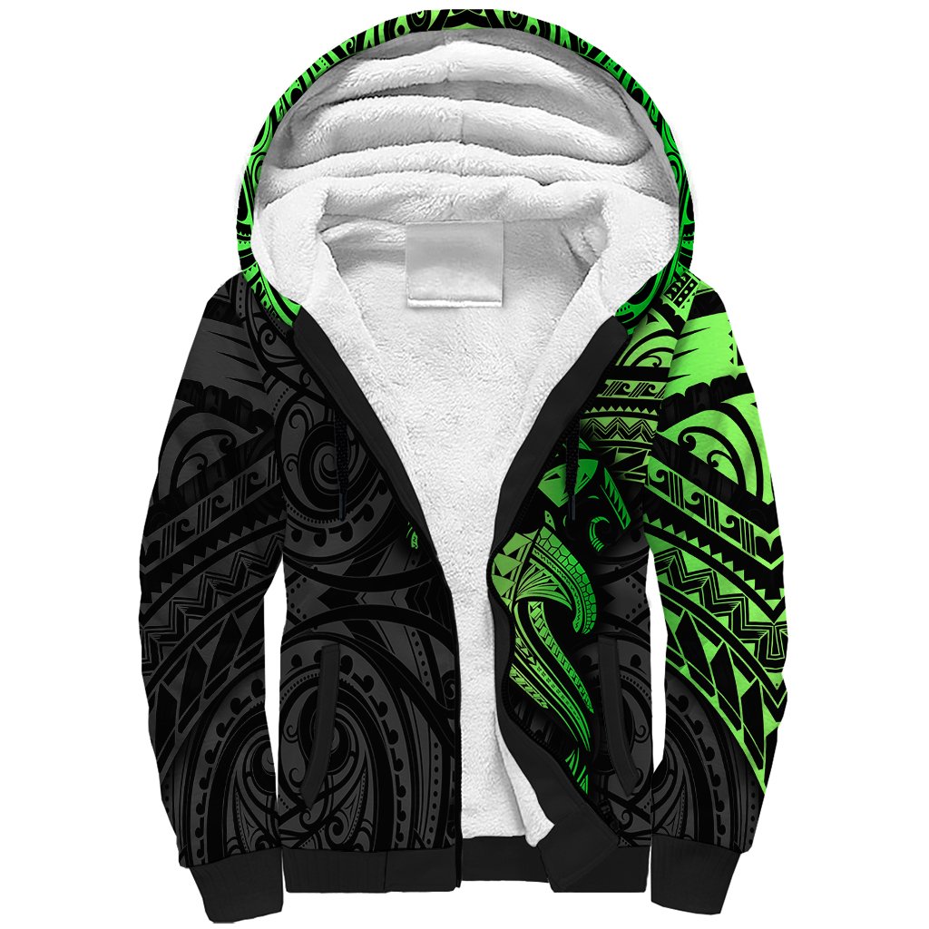Polynesian Sherpa Hoodie Hammerhead Shark Tribal Pattern Black Green Version - Wonder Print Shop