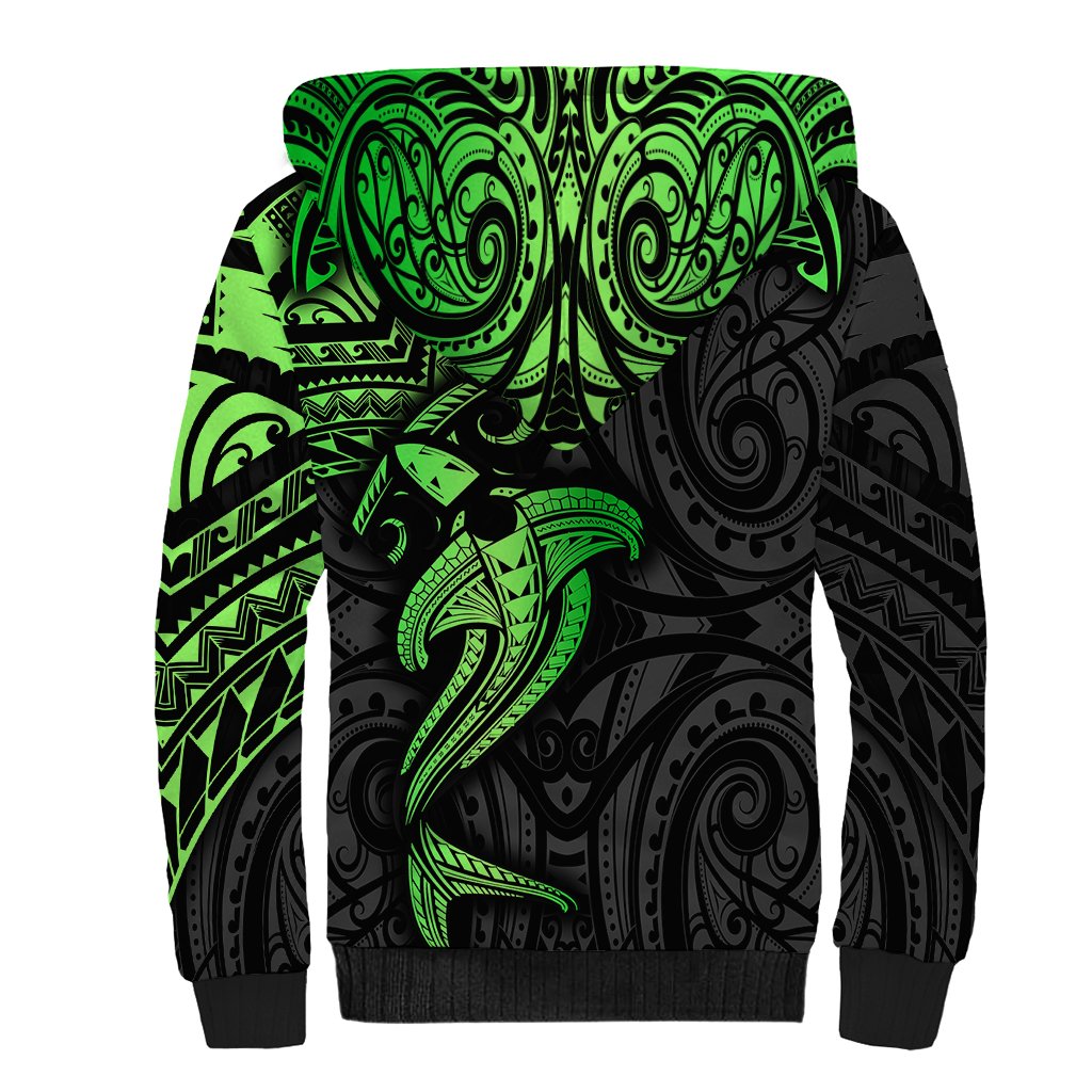 Polynesian Sherpa Hoodie Hammerhead Shark Tribal Pattern Black Green Version - Wonder Print Shop