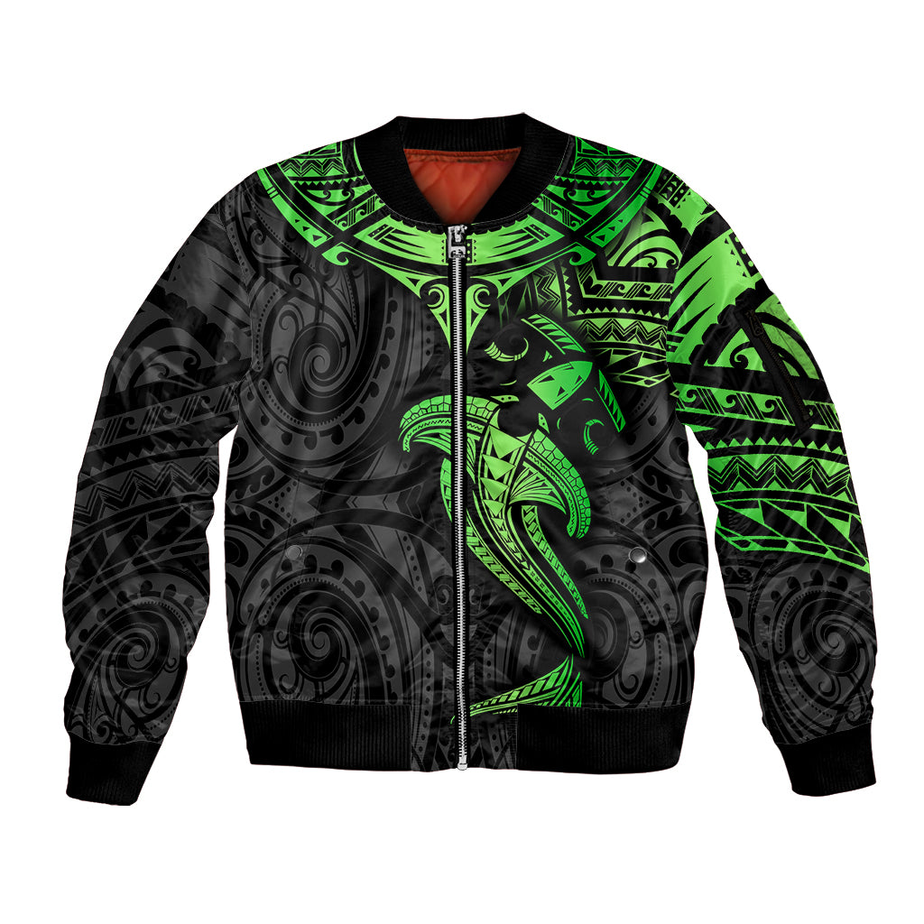 Polynesian Sleeve Zip Bomber Jacket Hammerhead Shark Tribal Pattern Black Green Version - Wonder Print Shop