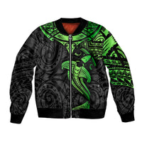 Polynesian Sleeve Zip Bomber Jacket Hammerhead Shark Tribal Pattern Black Green Version - Wonder Print Shop