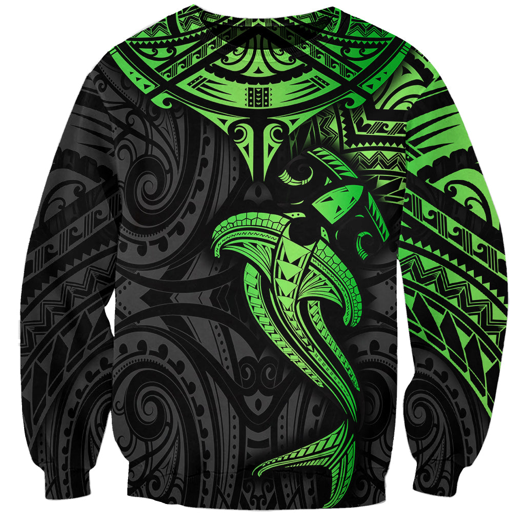 Polynesian Sweatshirt Hammerhead Shark Tribal Pattern Black Green Version - Wonder Print Shop