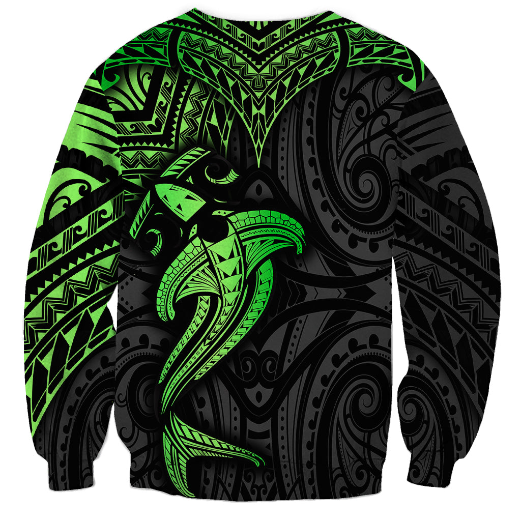 Polynesian Sweatshirt Hammerhead Shark Tribal Pattern Black Green Version - Wonder Print Shop