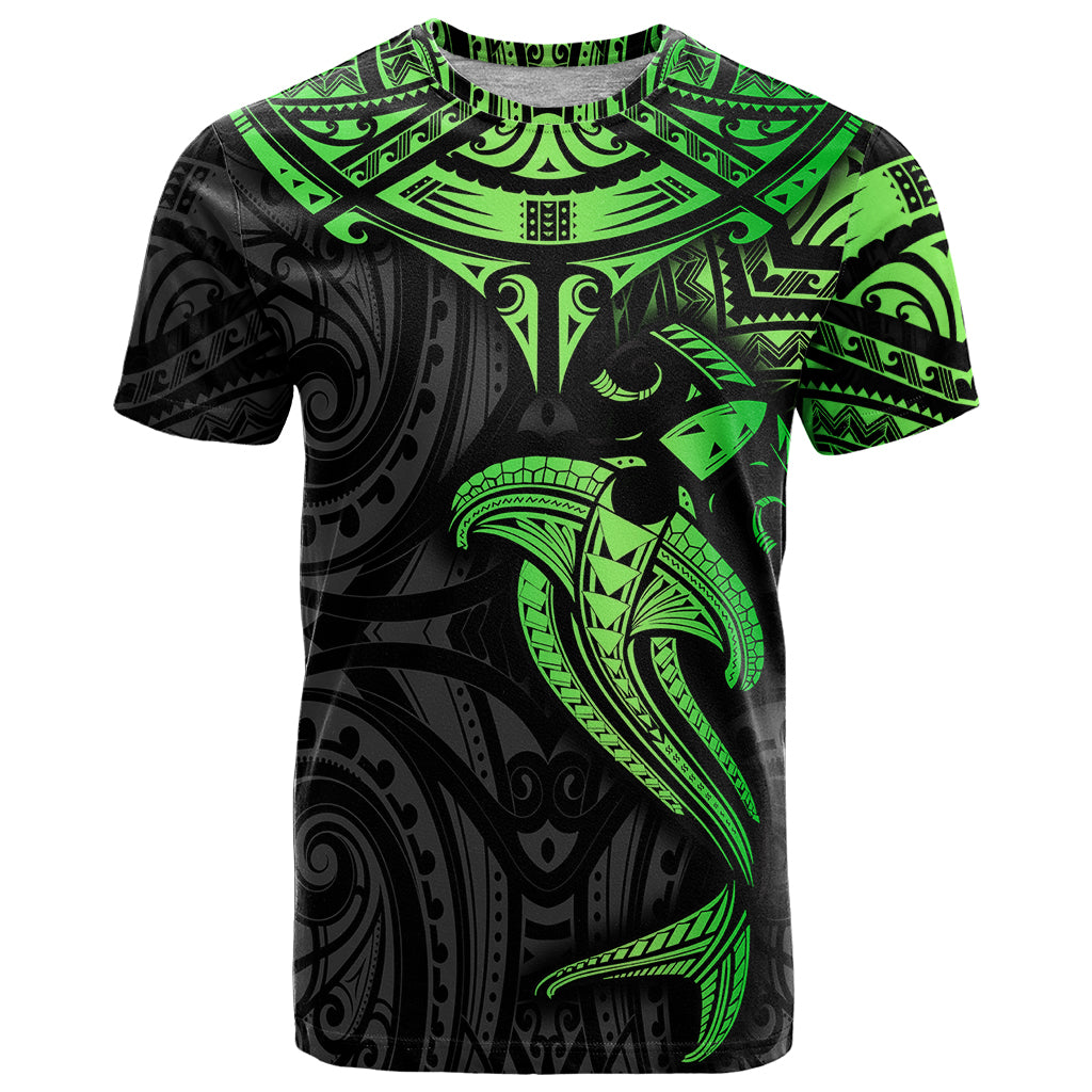 Polynesian T Shirt Hammerhead Shark Tribal Pattern Black Green Version - Wonder Print Shop