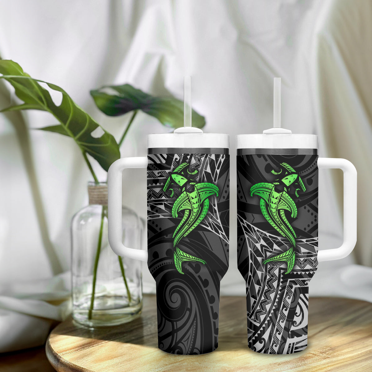 Polynesian Tumbler With Handle Hammerhead Shark Tribal Pattern Black Green Version - Wonder Print Shop