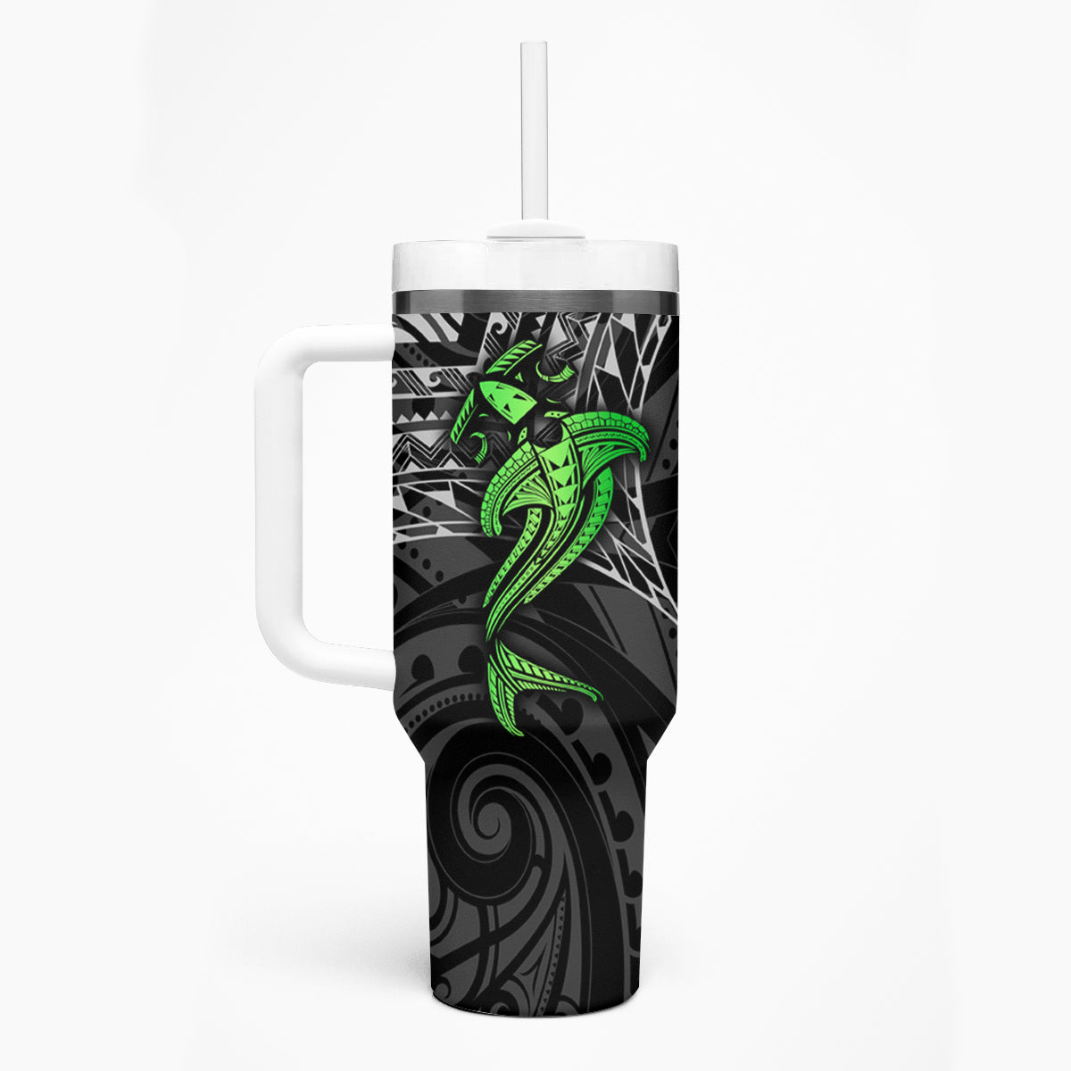 Polynesian Tumbler With Handle Hammerhead Shark Tribal Pattern Black Green Version - Wonder Print Shop