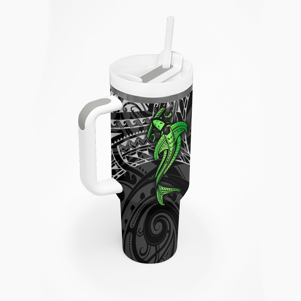 Polynesian Tumbler With Handle Hammerhead Shark Tribal Pattern Black Green Version - Wonder Print Shop
