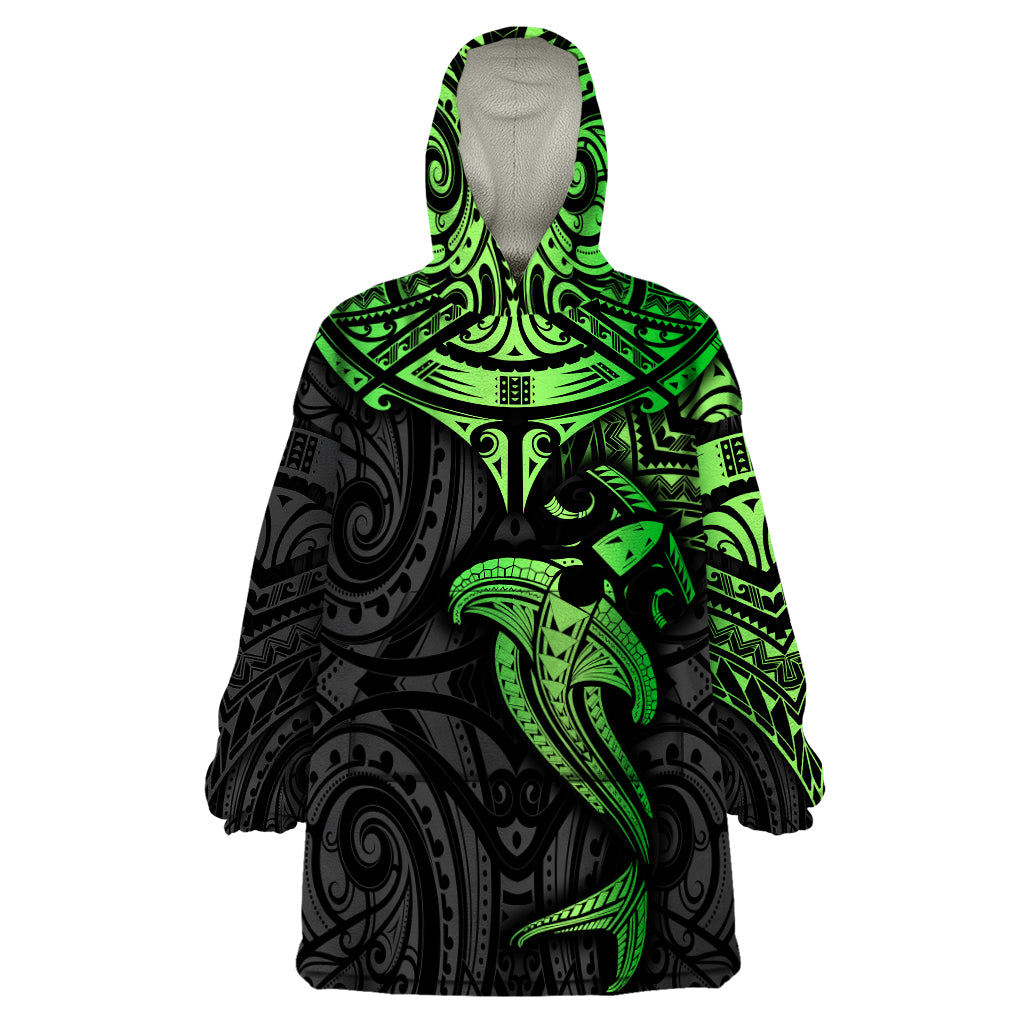 Polynesian Wearable Blanket Hoodie Hammerhead Shark Tribal Pattern Black Green Version - Wonder Print Shop