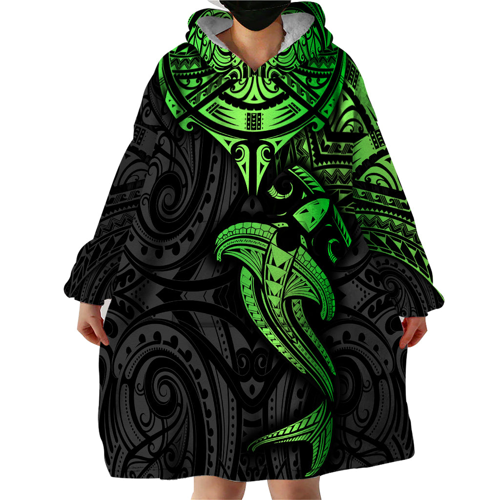 Polynesian Wearable Blanket Hoodie Hammerhead Shark Tribal Pattern Black Green Version - Wonder Print Shop