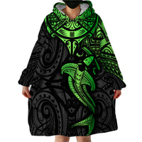 Polynesian Wearable Blanket Hoodie Hammerhead Shark Tribal Pattern Black Green Version - Wonder Print Shop