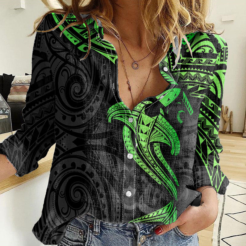 Polynesian Women Casual Shirt Hammerhead Shark Tribal Pattern Black Green Version - Wonder Print Shop