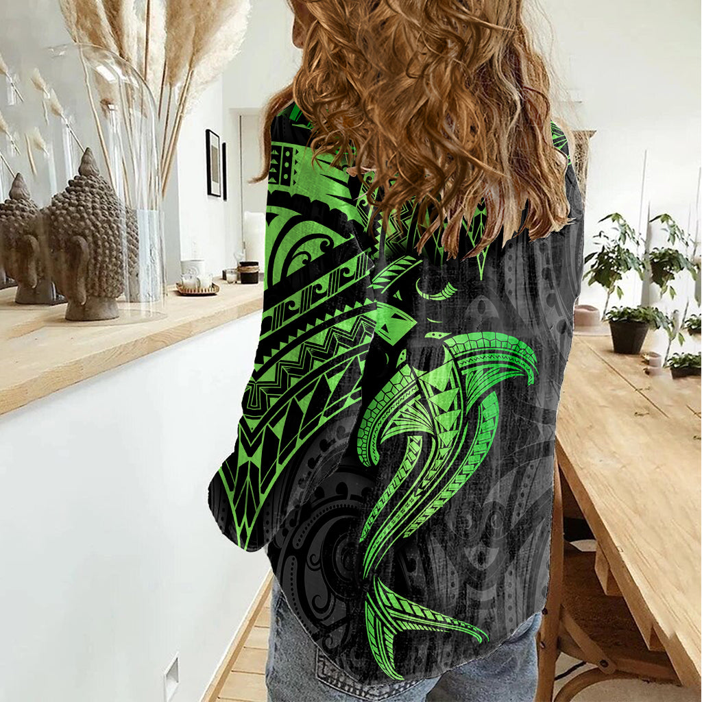 Polynesian Women Casual Shirt Hammerhead Shark Tribal Pattern Black Green Version - Wonder Print Shop