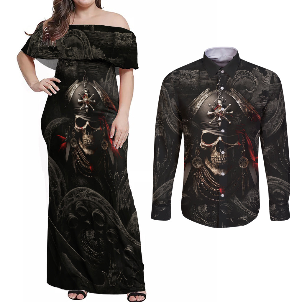 Work Like A Captain Play Like A Pirate Couples Matching Off Shoulder Maxi Dress and Long Sleeve Button Shirts - Wonder Print Shop