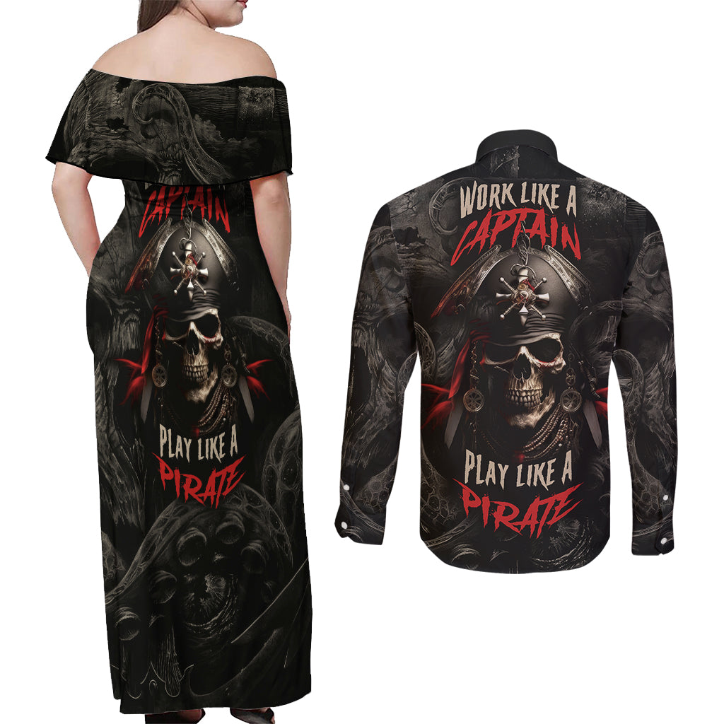 Work Like A Captain Play Like A Pirate Couples Matching Off Shoulder Maxi Dress and Long Sleeve Button Shirts - Wonder Print Shop