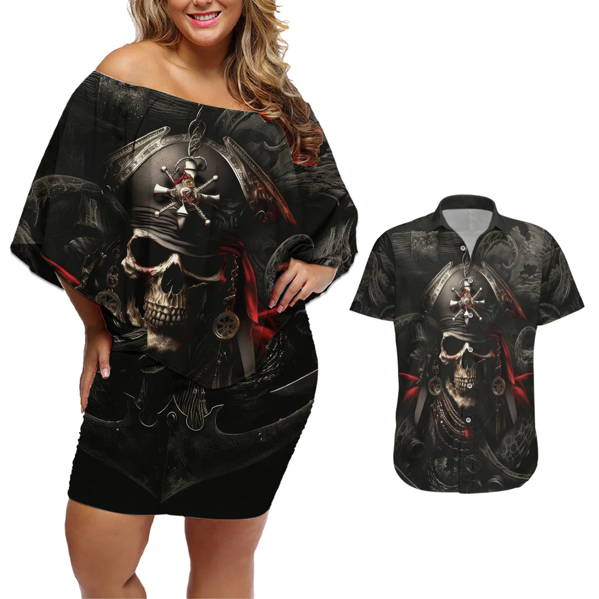 Work Like A Captain Play Like A Pirate Couples Matching Off Shoulder Short Dress and Hawaiian Shirt - Wonder Print Shop