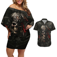 Work Like A Captain Play Like A Pirate Couples Matching Off Shoulder Short Dress and Hawaiian Shirt - Wonder Print Shop