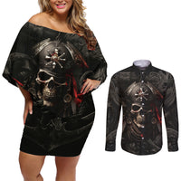 Work Like A Captain Play Like A Pirate Couples Matching Off Shoulder Short Dress and Long Sleeve Button Shirts - Wonder Print Shop
