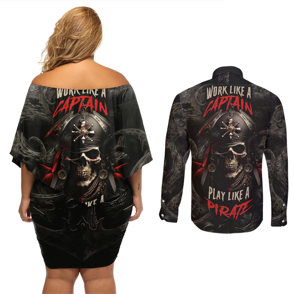 Work Like A Captain Play Like A Pirate Couples Matching Off Shoulder Short Dress and Long Sleeve Button Shirts - Wonder Print Shop