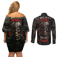 Work Like A Captain Play Like A Pirate Couples Matching Off Shoulder Short Dress and Long Sleeve Button Shirts - Wonder Print Shop