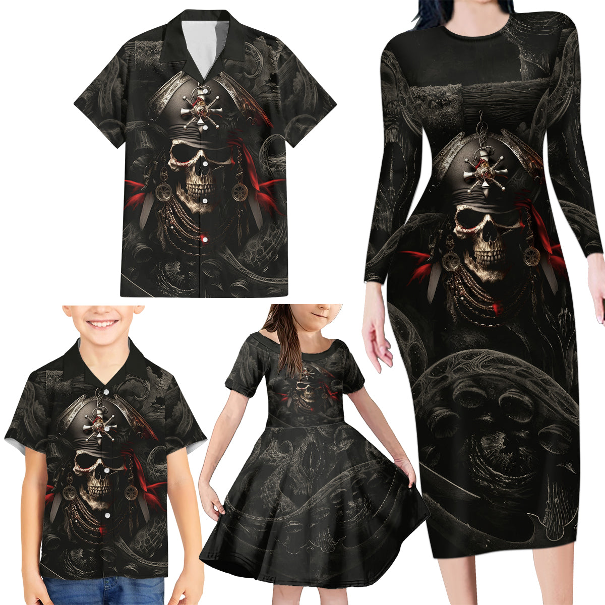 Work Like A Captain Play Like A Pirate Family Matching Long Sleeve Bodycon Dress and Hawaiian Shirt - Wonder Print Shop