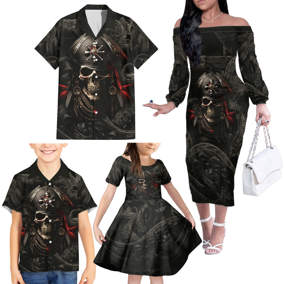 Work Like A Captain Play Like A Pirate Family Matching Off Shoulder Long Sleeve Dress and Hawaiian Shirt - Wonder Print Shop