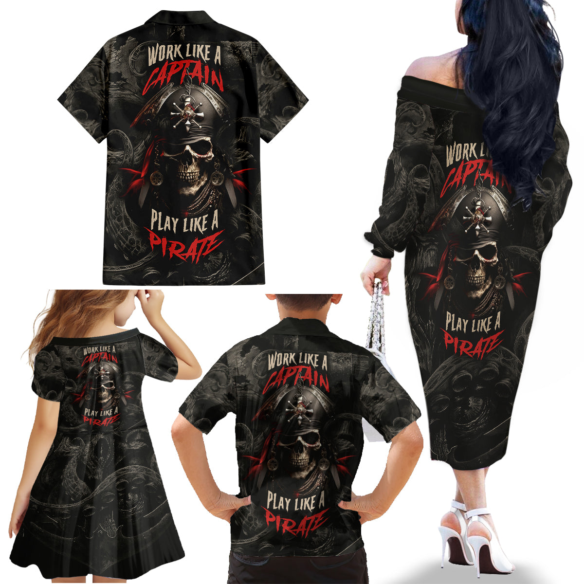 Work Like A Captain Play Like A Pirate Family Matching Off Shoulder Long Sleeve Dress and Hawaiian Shirt - Wonder Print Shop