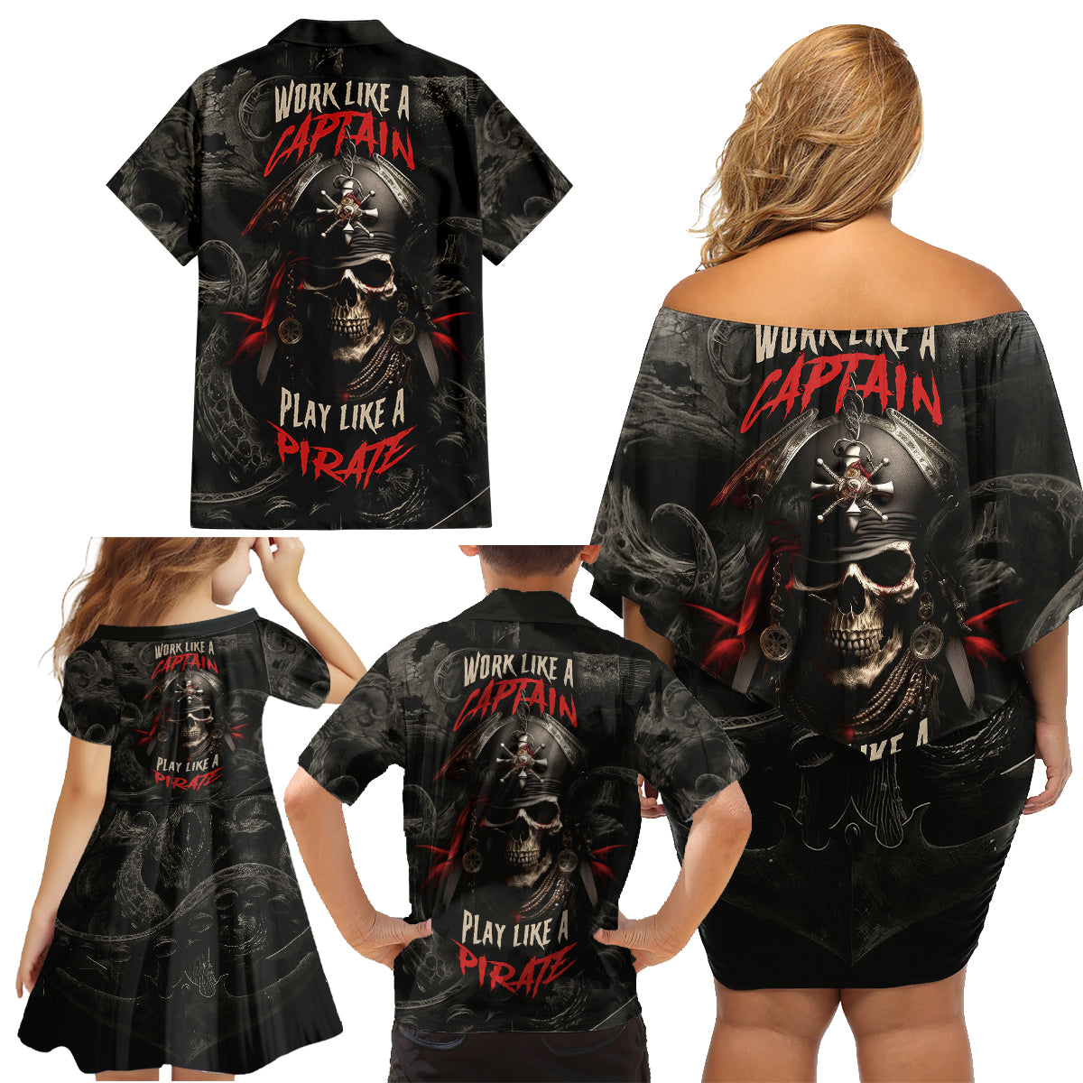 Work Like A Captain Play Like A Pirate Family Matching Off Shoulder Short Dress and Hawaiian Shirt - Wonder Print Shop