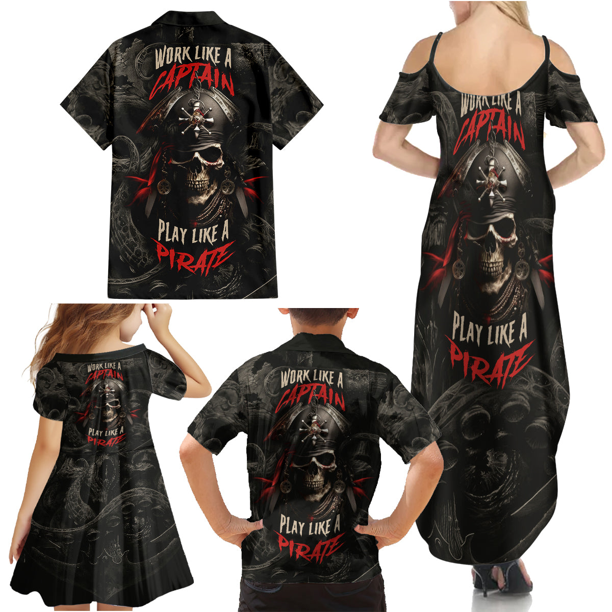 Work Like A Captain Play Like A Pirate Family Matching Summer Maxi Dress and Hawaiian Shirt - Wonder Print Shop