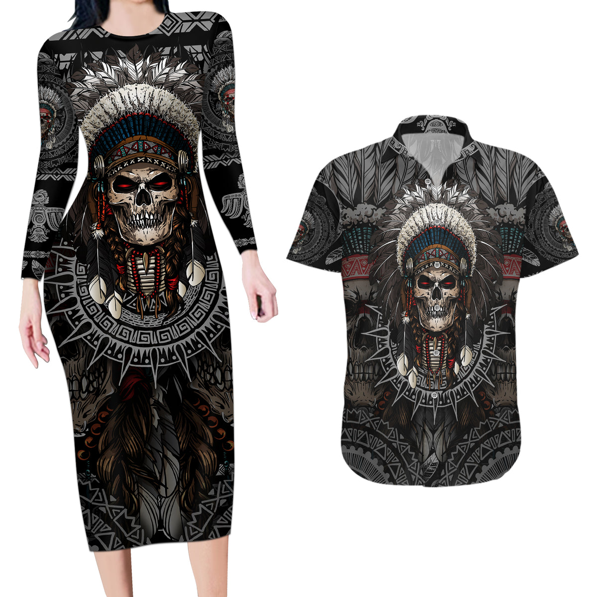Skull Native American Warrior Couples Matching Long Sleeve Bodycon Dress and Hawaiian Shirt - Wonder Print Shop