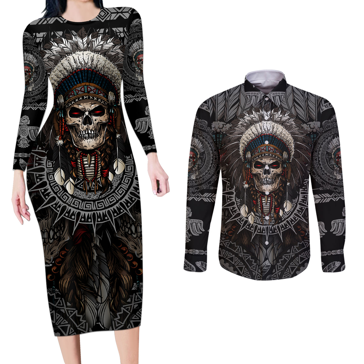 Skull Native American Warrior Couples Matching Long Sleeve Bodycon Dress and Long Sleeve Button Shirts - Wonder Print Shop