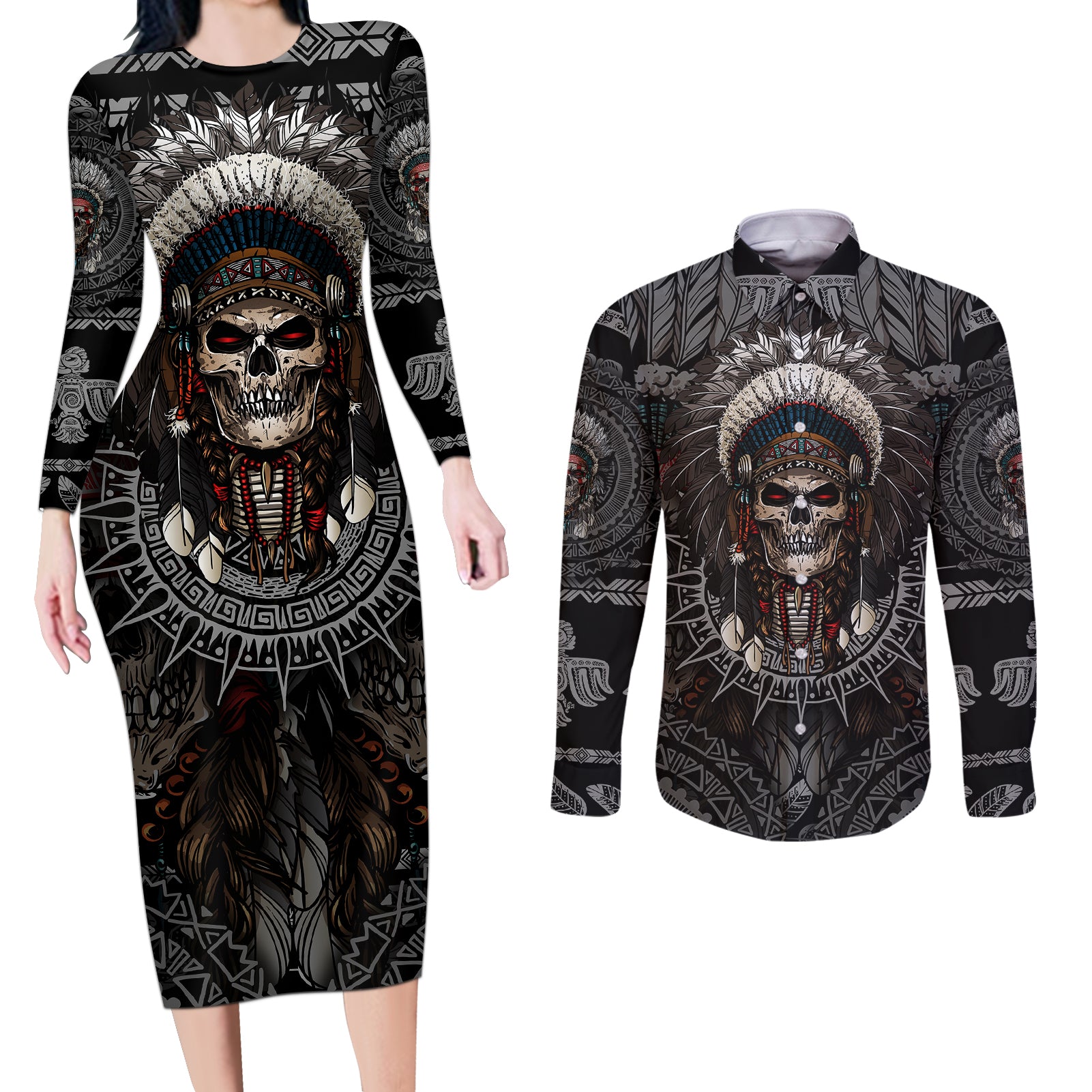 skull-native-american-warrior-couples-matching-long-sleeve-bodycon-dress-and-long-sleeve-button-shirts