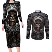Skull Native American Warrior Couples Matching Long Sleeve Bodycon Dress and Long Sleeve Button Shirts - Wonder Print Shop