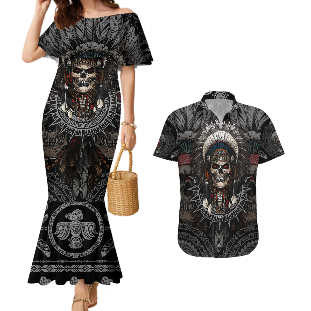 skull-native-american-warrior-couples-matching-mermaid-dress-and-hawaiian-shirt