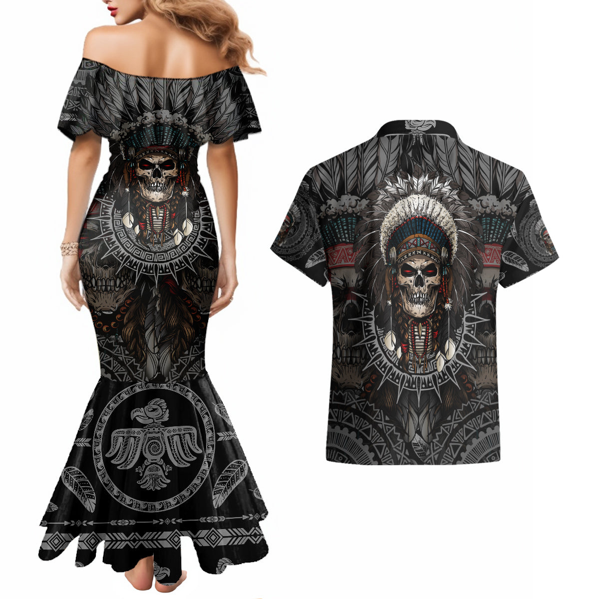 Skull Native American Warrior Couples Matching Mermaid Dress and Hawaiian Shirt - Wonder Print Shop