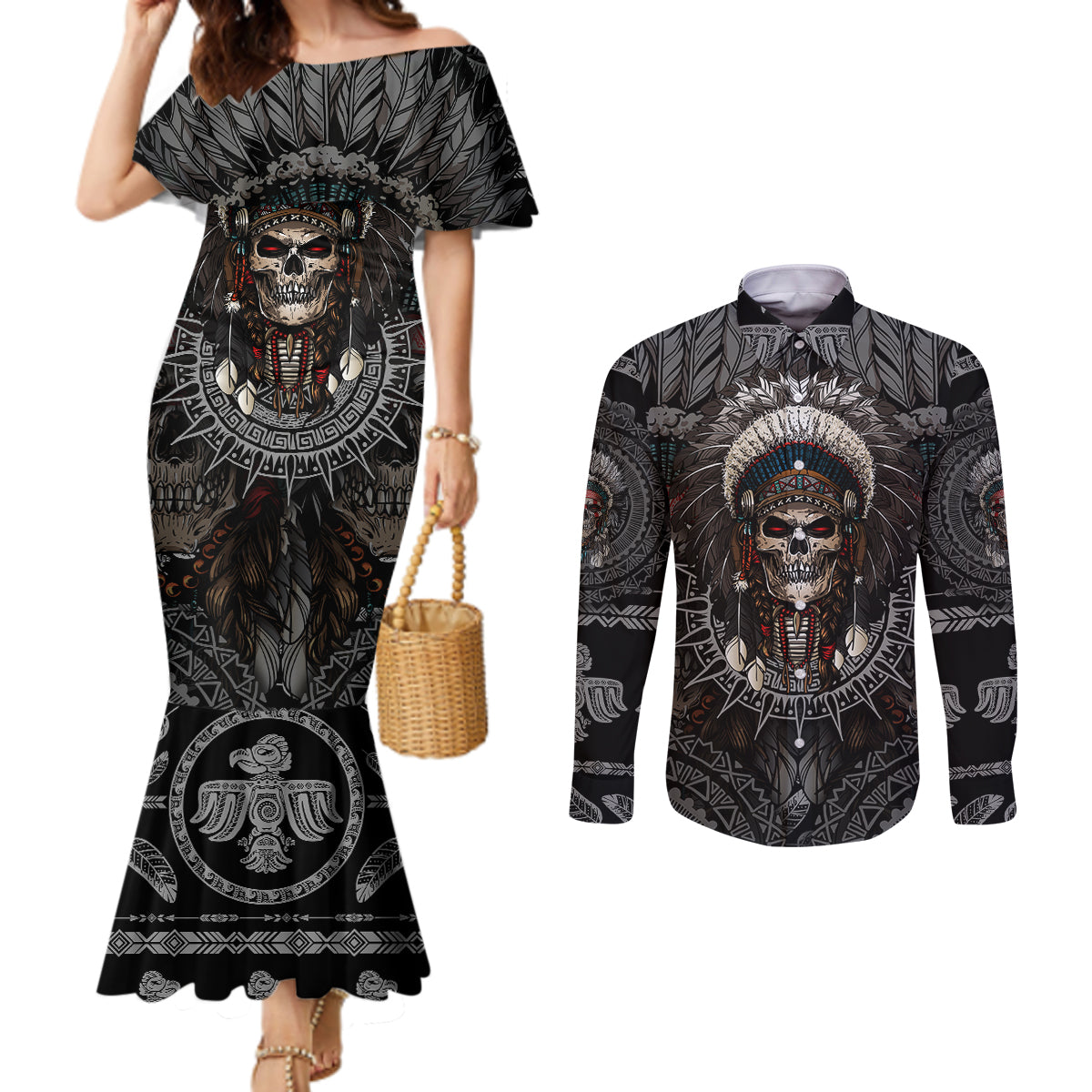 skull-native-american-warrior-couples-matching-mermaid-dress-and-long-sleeve-button-shirts