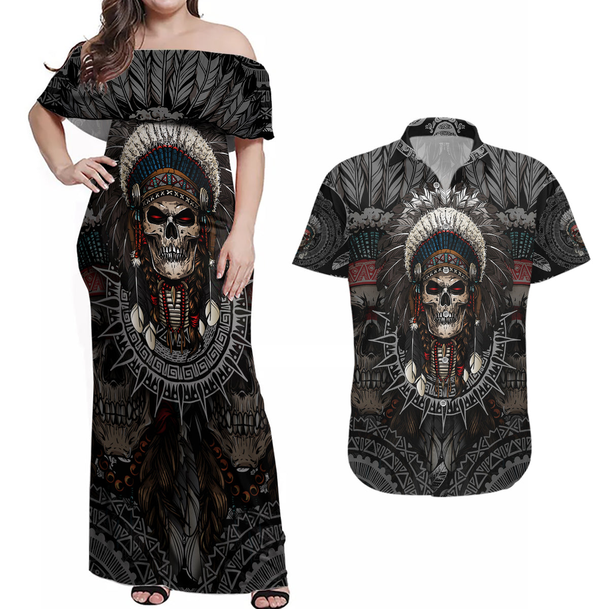 Skull Native American Warrior Couples Matching Off Shoulder Maxi Dress and Hawaiian Shirt - Wonder Print Shop