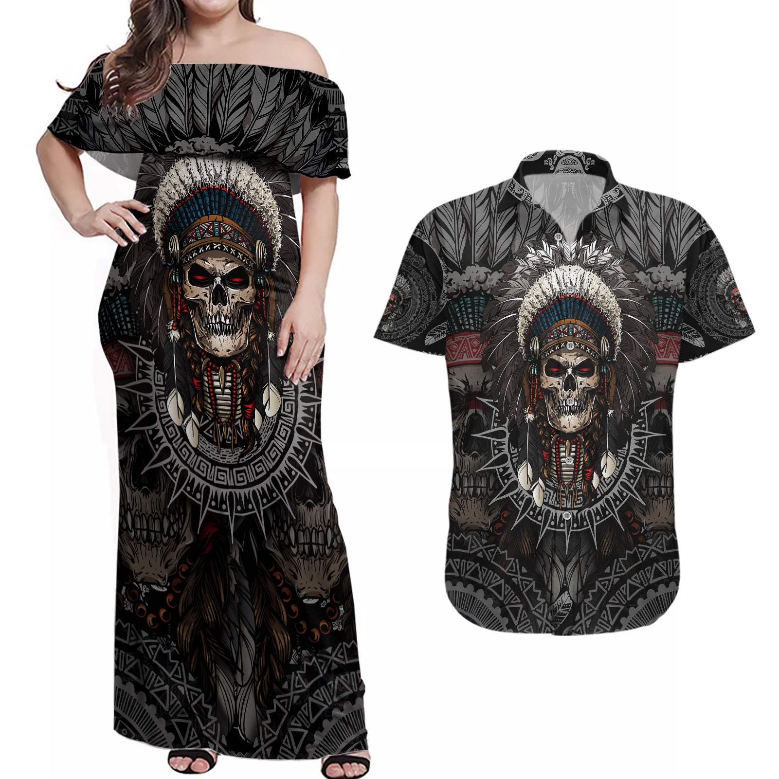 skull-native-american-warrior-couples-matching-off-shoulder-maxi-dress-and-hawaiian-shirt