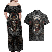 Skull Native American Warrior Couples Matching Off Shoulder Maxi Dress and Hawaiian Shirt - Wonder Print Shop