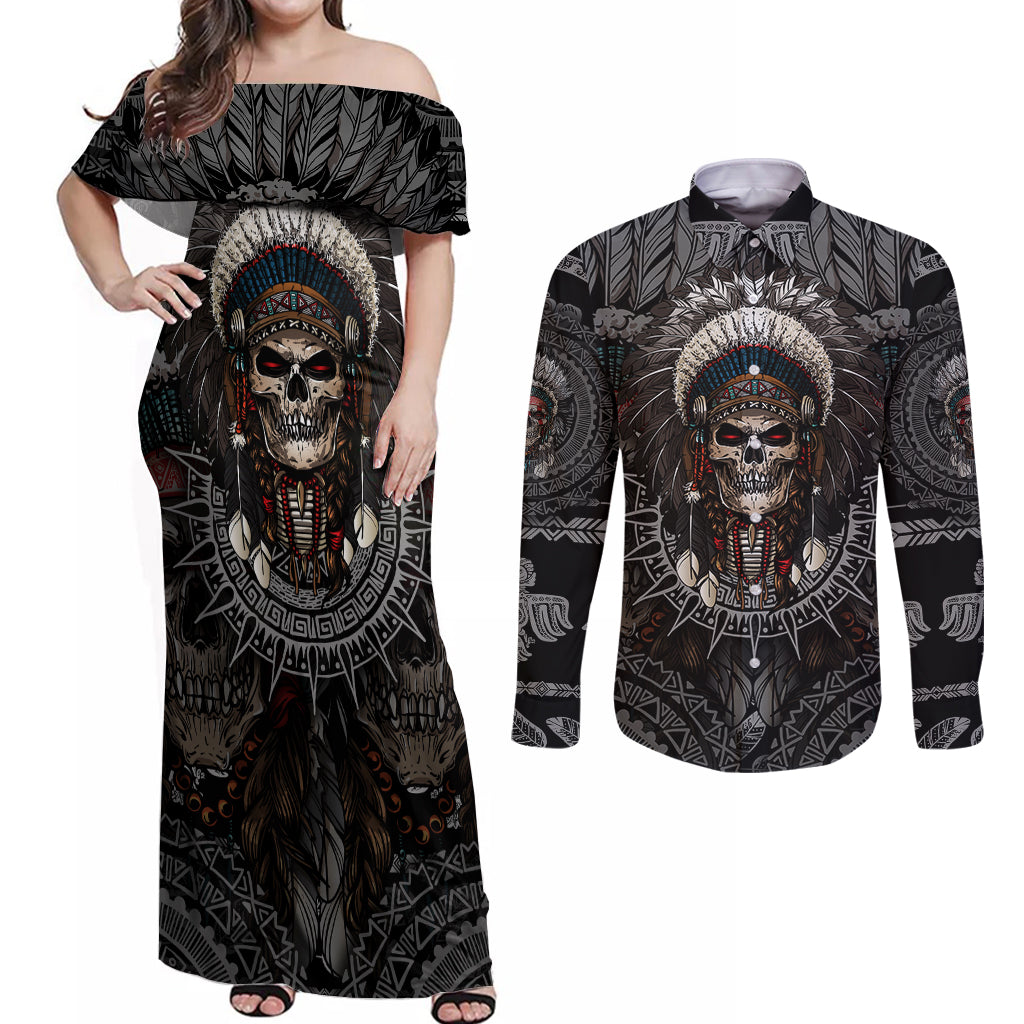 Skull Native American Warrior Couples Matching Off Shoulder Maxi Dress and Long Sleeve Button Shirts - Wonder Print Shop
