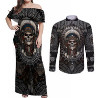Skull Native American Warrior Couples Matching Off Shoulder Maxi Dress and Long Sleeve Button Shirts - Wonder Print Shop
