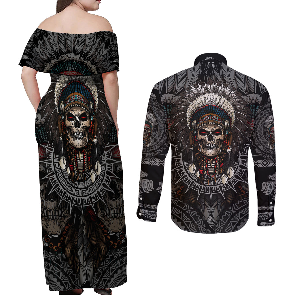 Skull Native American Warrior Couples Matching Off Shoulder Maxi Dress and Long Sleeve Button Shirts - Wonder Print Shop