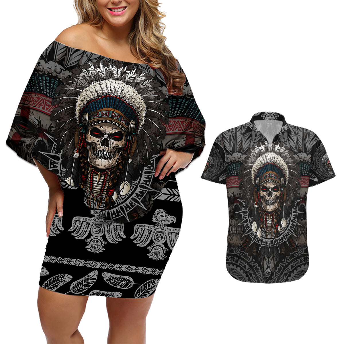 Skull Native American Warrior Couples Matching Off Shoulder Short Dress and Hawaiian Shirt - Wonder Print Shop
